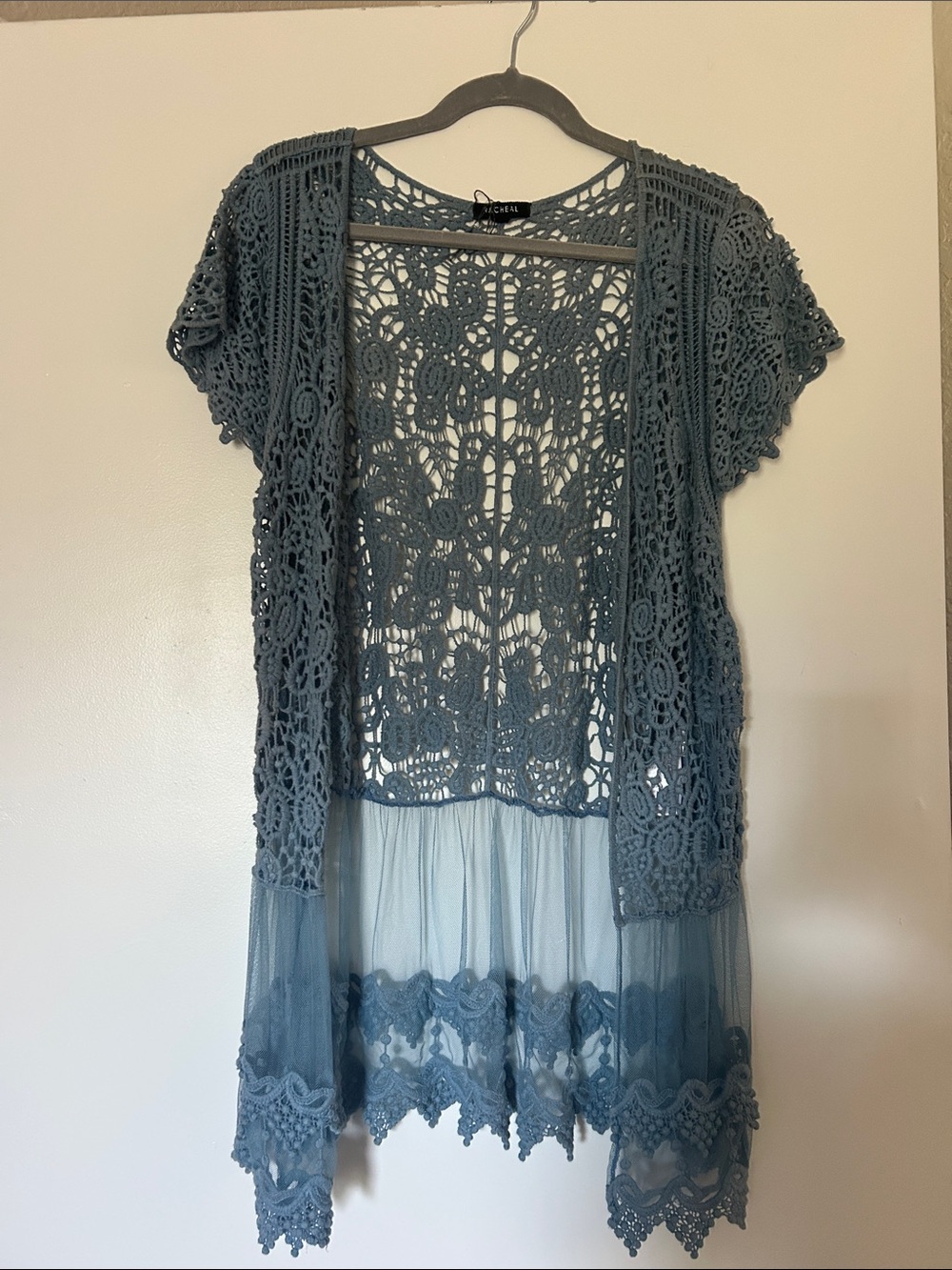 Rachel Blue Gray Crochet Lace Open Cardigan